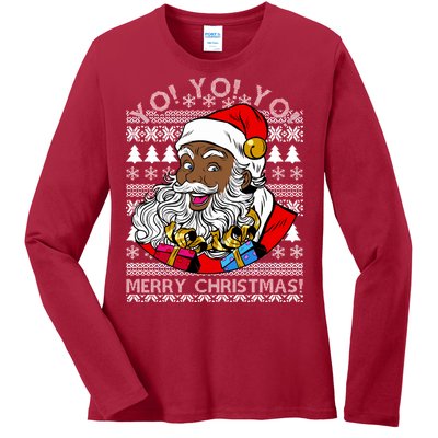 Yo Yo Yo Ho Ho Ho Black Santa Claus Ugly Christmas Ladies Long Sleeve Shirt