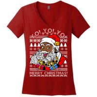 Yo Yo Yo Ho Ho Ho Black Santa Claus Ugly Christmas Women's V-Neck T-Shirt