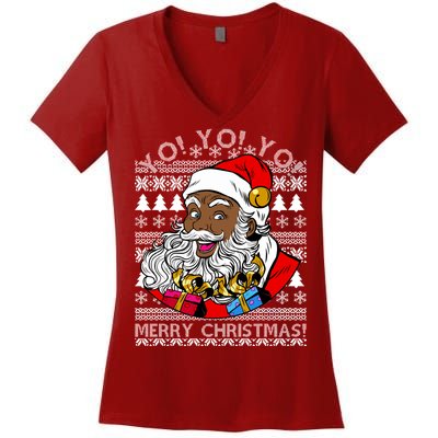 Yo Yo Yo Ho Ho Ho Black Santa Claus Ugly Christmas Women's V-Neck T-Shirt