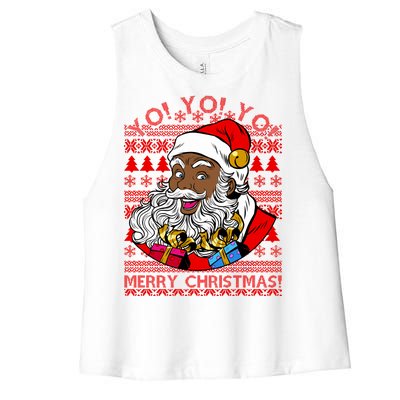 Yo Yo Yo Ho Ho Ho Black Santa Claus Ugly Christmas Women's Racerback Cropped Tank