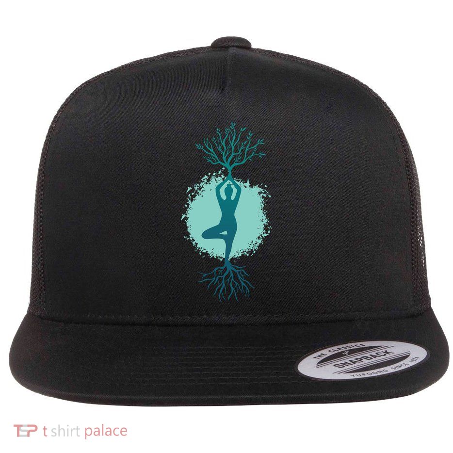 Yoga Woman Tree Flat Bill Trucker Hat