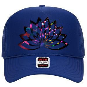 Yoga Outfit Lotus Flower Colorful Lights Meditation New Age Gift High Crown Mesh Back Trucker Hat