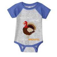 You Only Like Me For My Breasts Thanksgiving Turkey Autumn Infant Baby Jersey Bodysuit