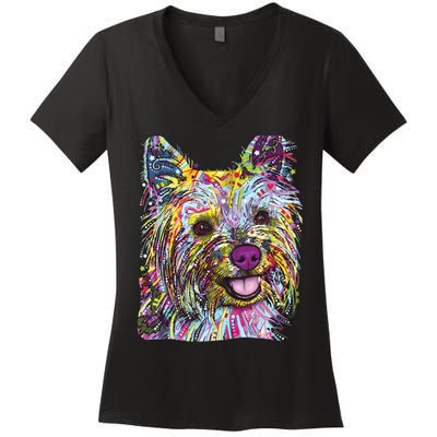 Yorkie Dog Dean Russo Women's V-Neck T-Shirt