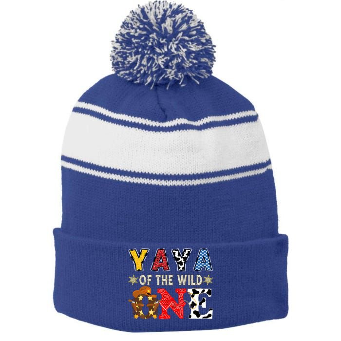 Yaya Of The Wild One 1st Birthday Western Cowboy Stripe Pom Pom Beanie