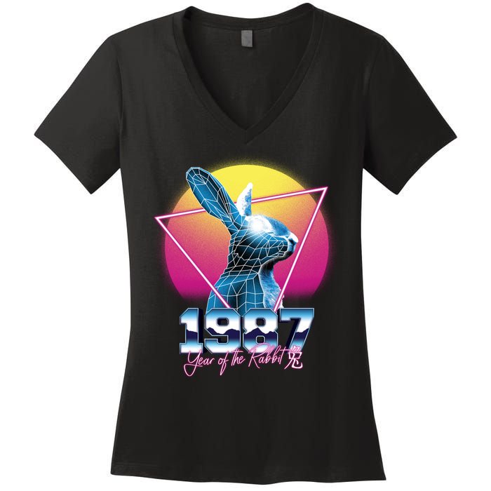 Year Of The Rabbit – Chinese Zodiac – Synthwave Style Women's V-Neck T-Shirt