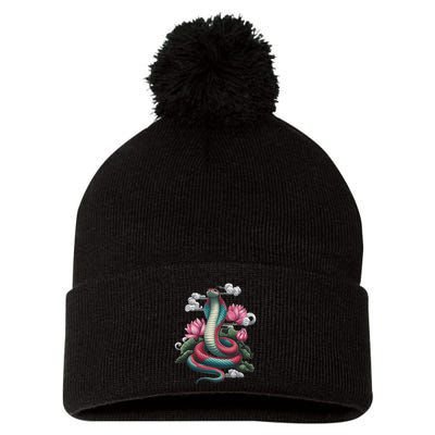 Year Of The Snake 2025 Cool Snake Graphic Art Pom Pom 12in Knit Beanie