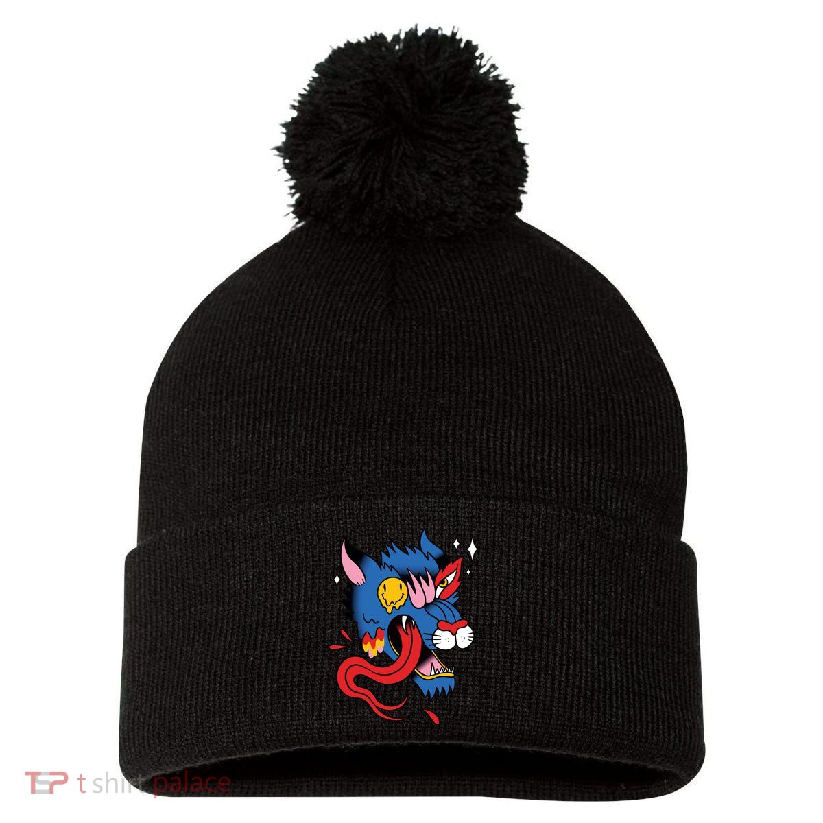 You Are Distorted Funny Wolf Pom Pom 12in Knit Beanie