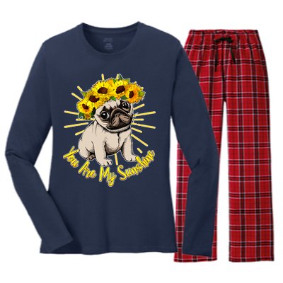 You Are My Sunshine Sunflower Pug Women's Long Sleeve Flannel Pajama Set 