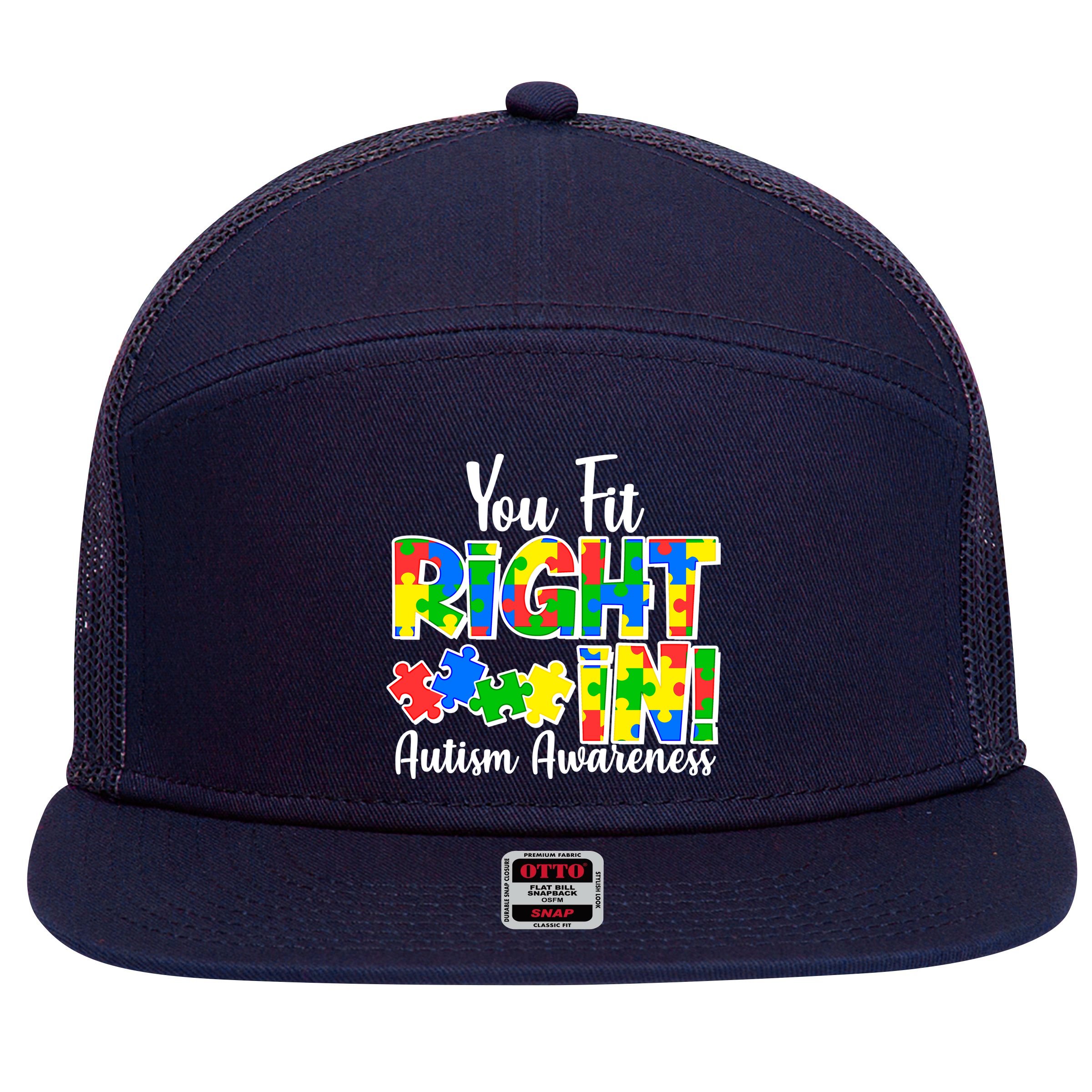 You Fit Right In Autism Awareness 7 Panel Mesh Trucker Snapback Hat