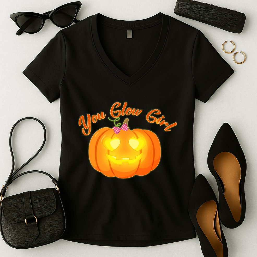 You Glow Girl Cute Pumpkin Women's V-Neck T-Shirt