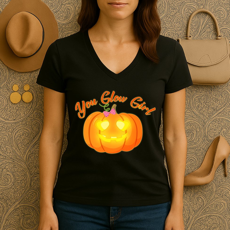 You Glow Girl Cute Pumpkin Women's V-Neck T-Shirt