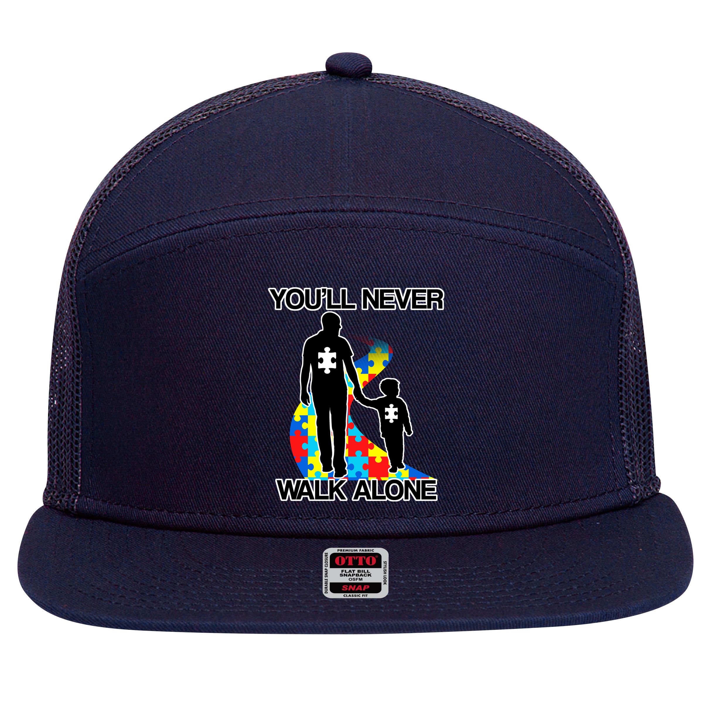 You'll Never Walk Alone Autism Awareness 7 Panel Mesh Trucker Snapback Hat