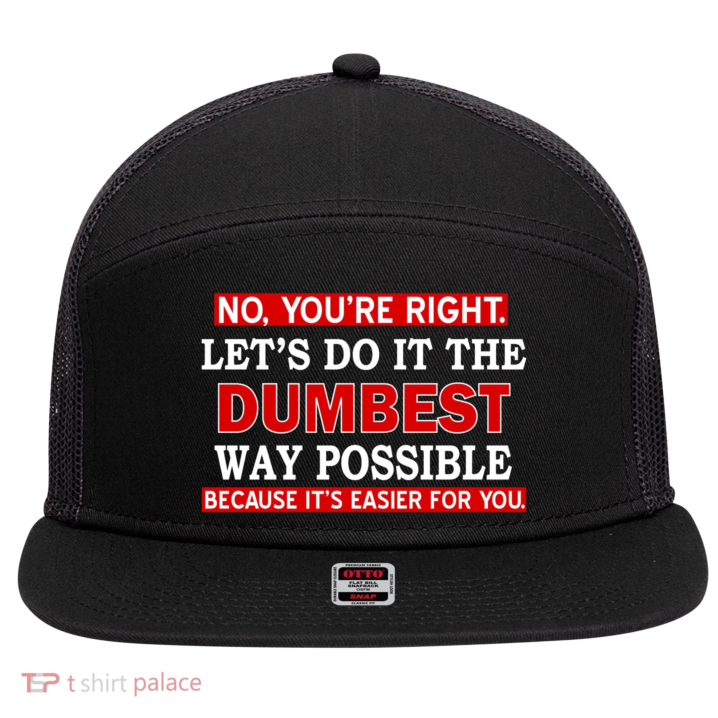 You're Right Let's Do The Dumbest Way Possible Humor 7 Panel Mesh Trucker Snapback Hat