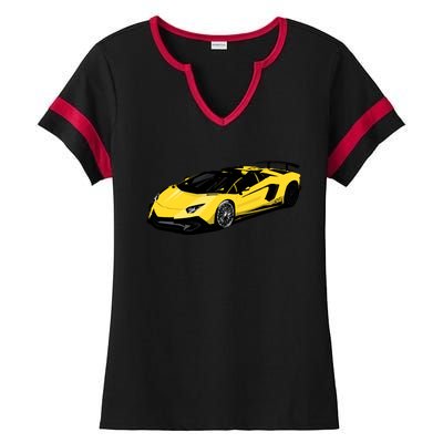 Yellow Racing Sports Car Ladies Halftime Notch Neck Tee