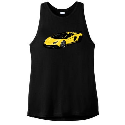 Yellow Racing Sports Car Ladies PosiCharge Tri-Blend Wicking Tank