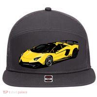 Yellow Racing Sports Car 7 Panel Mesh Trucker Snapback Hat