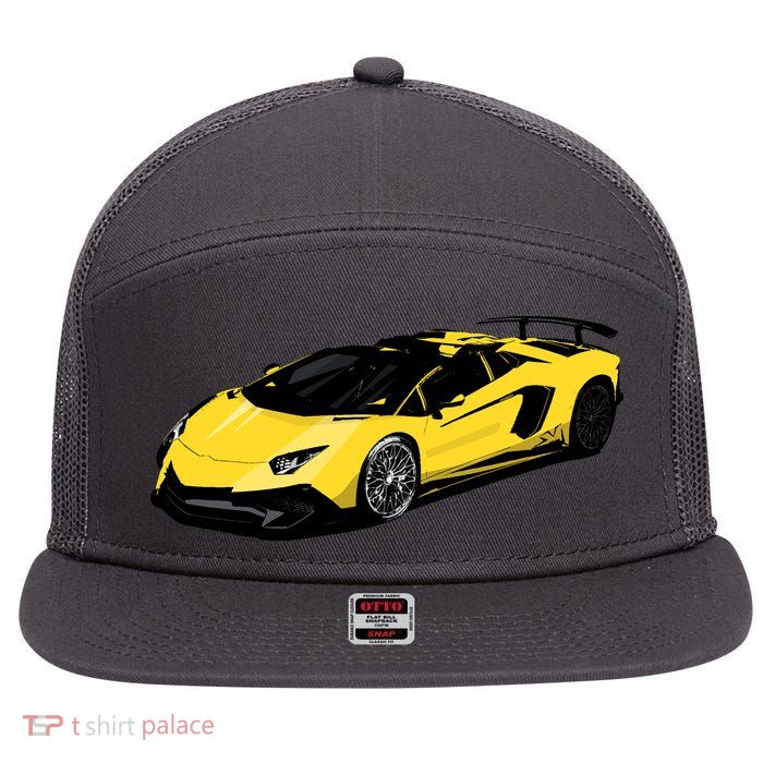 Yellow Racing Sports Car 7 Panel Mesh Trucker Snapback Hat