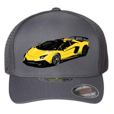 Yellow Racing Sports Car Flexfit Unipanel Trucker Cap