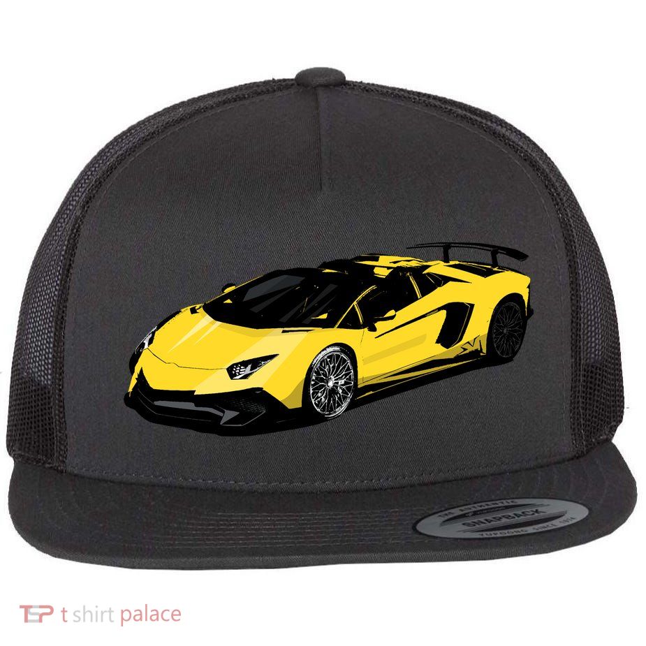 Yellow Racing Sports Car Flatbill Hat