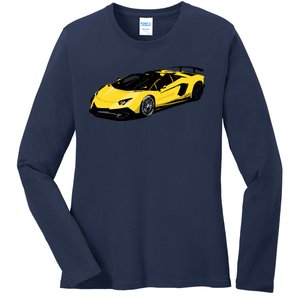 Yellow Racing Sports Car Ladies Long Sleeve Shirt