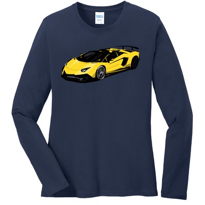 Yellow Racing Sports Car Ladies Long Sleeve Shirt