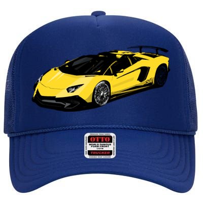 Yellow Racing Sports Car High Crown Mesh Back Trucker Hat