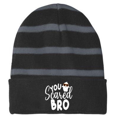 You Scared Bro Funny Halloween Ghost Striped Beanie with Solid Band