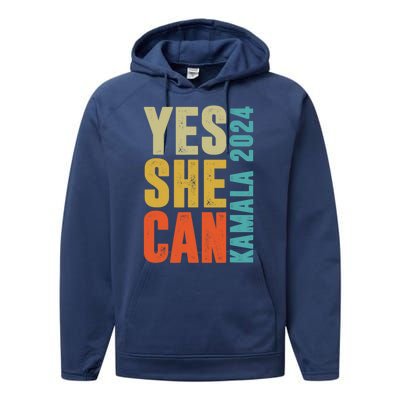 Yes She Can Kamala 2024 Retro Colors Performance Fleece Hoodie