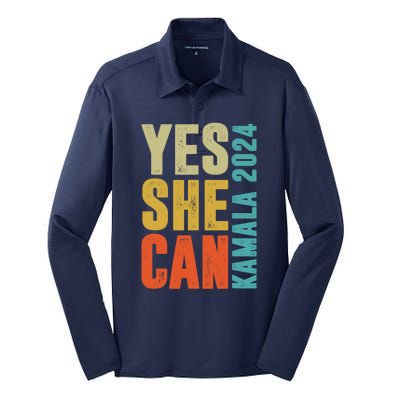 Yes She Can Kamala 2024 Retro Colors Silk Touch Performance Long Sleeve Polo