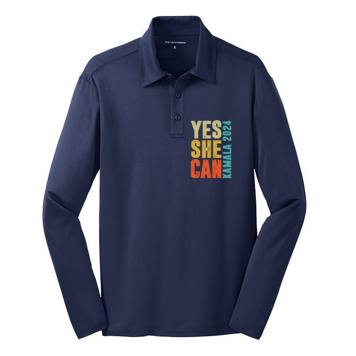 Yes She Can Kamala 2024 Retro Colors Silk Touch Performance Long Sleeve Polo