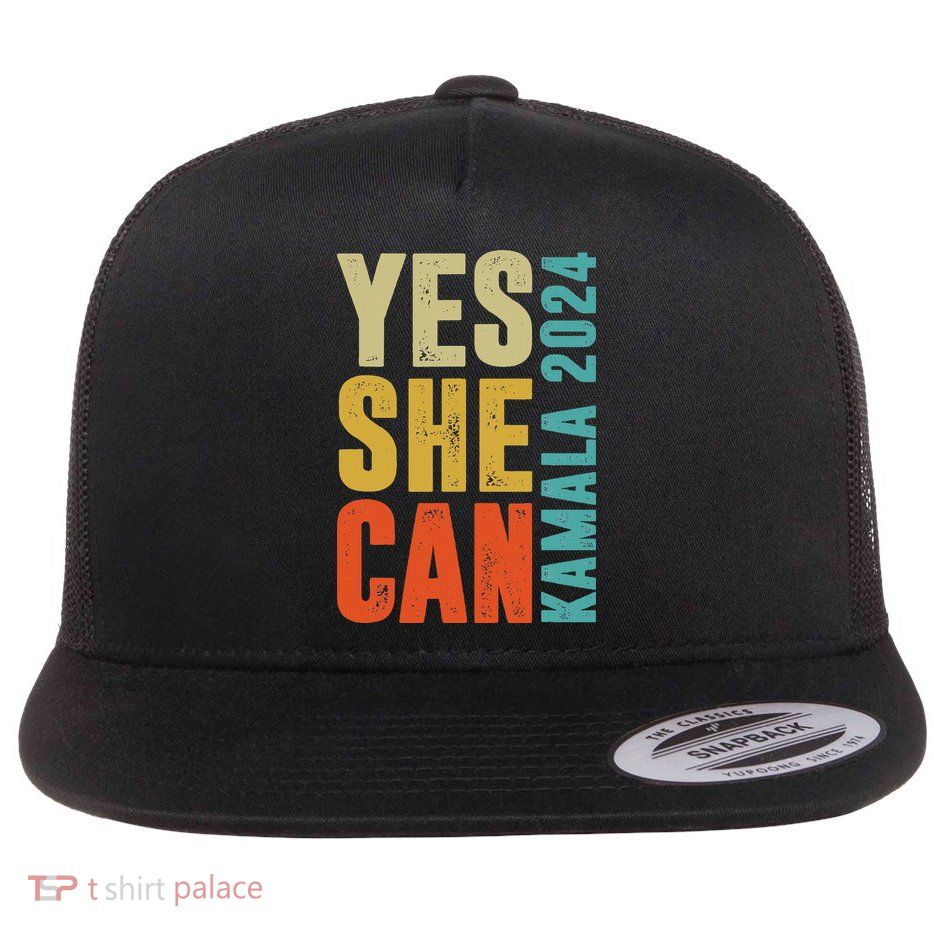 Yes She Can Kamala 2024 Retro Colors Flat Bill Trucker Hat