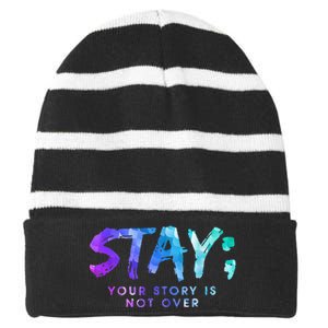 Your Story Is Not Over Stay Suicide Prevention Awareness Striped Beanie with Solid Band