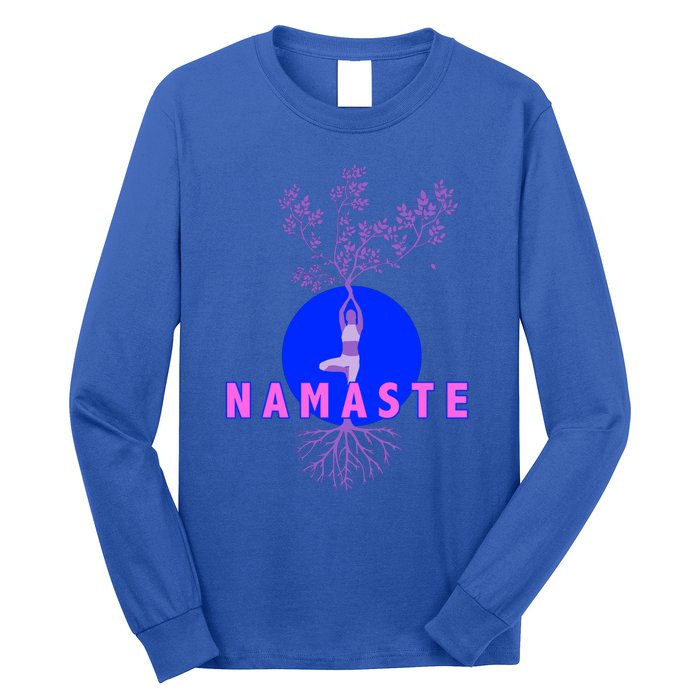 Yoga Silhouette Over Blue Circle Tree Roots Gift Long Sleeve Shirt