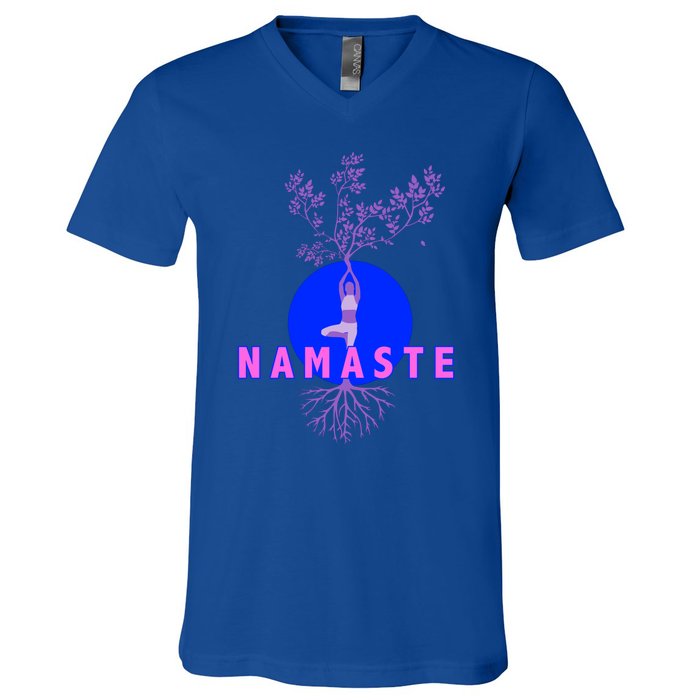 Yoga Silhouette Over Blue Circle Tree Roots Gift V-Neck T-Shirt