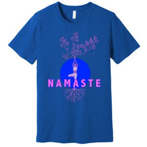 Yoga Silhouette Over Blue Circle Tree Roots Gift Premium T-Shirt