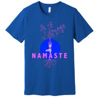 Yoga Silhouette Over Blue Circle Tree Roots Gift Premium T-Shirt