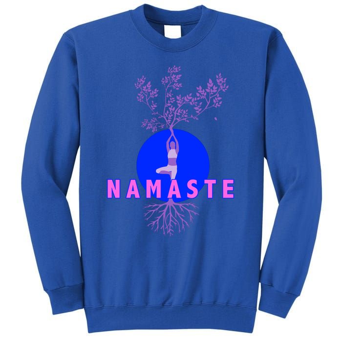 Yoga Silhouette Over Blue Circle Tree Roots Gift Tall Sweatshirt