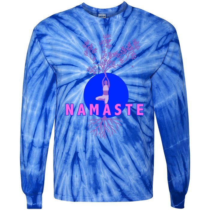 Yoga Silhouette Over Blue Circle Tree Roots Gift Tie-Dye Long Sleeve Shirt