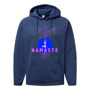 Yoga Silhouette Over Blue Circle Tree Roots Gift Performance Fleece Hoodie