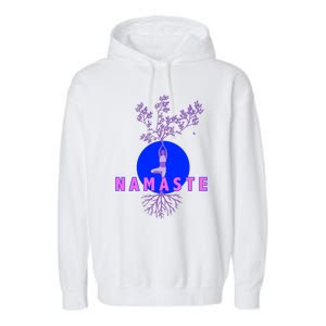 Yoga Silhouette Over Blue Circle Tree Roots Gift Garment-Dyed Fleece Hoodie