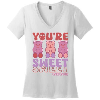 You’Re Sweet Yes You Echo Text Teddy Bear Valentine’S Day Women's V-Neck T-Shirt