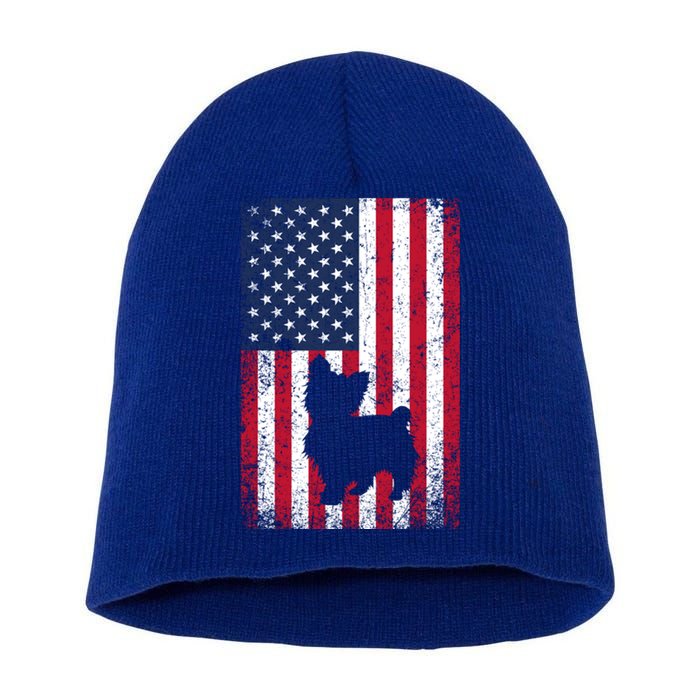 Yorkshire Terrier America Flag Patriot Veteran July 4 Gift Short Acrylic Beanie