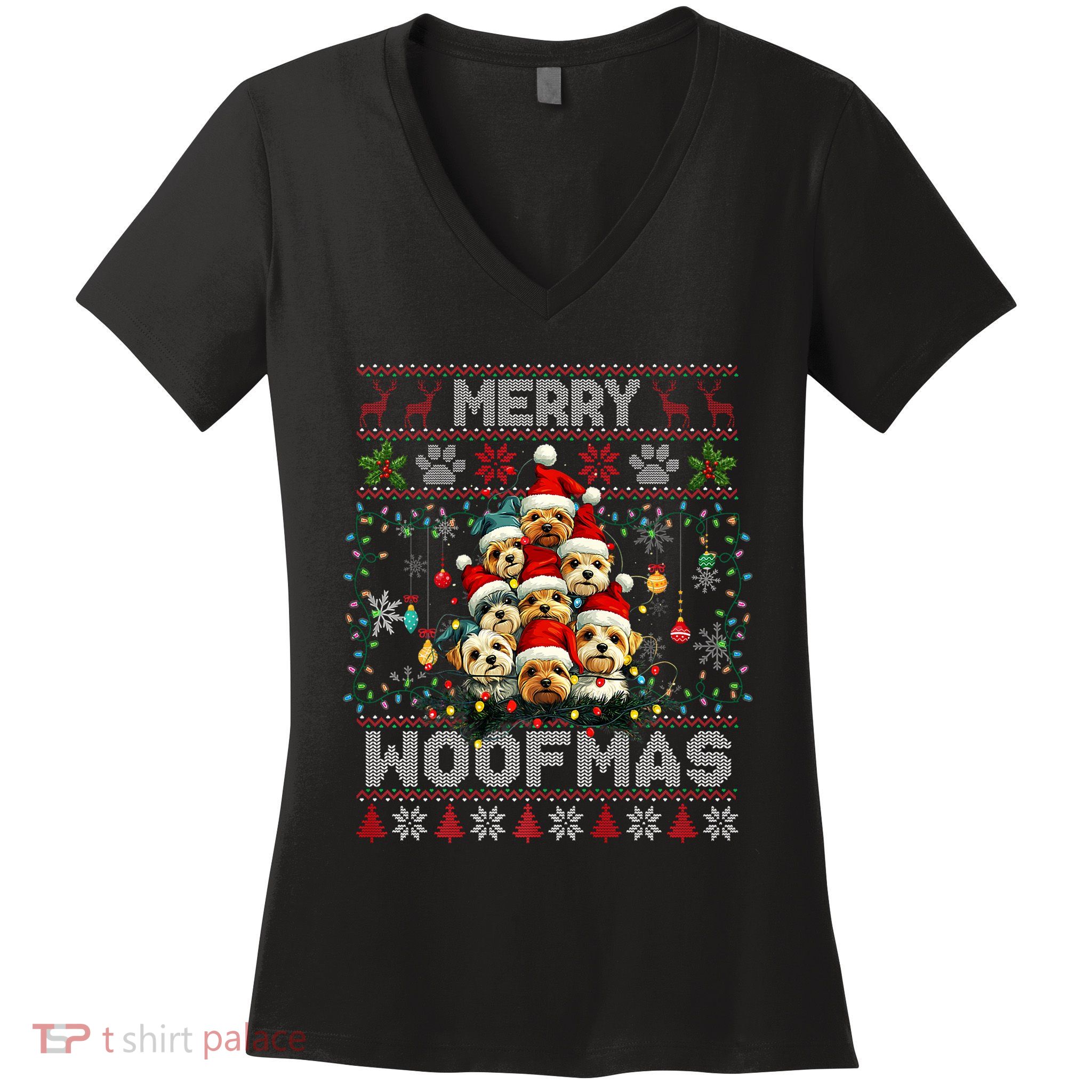 Yorkshire Terrier Christmas Tree Dog Lover Xmas Ugly Sweater Women's V-Neck T-Shirt