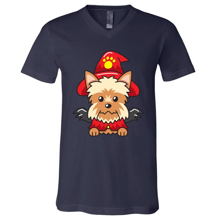 Yorkshire Terrier Dog With Halloween Costume V-Neck T-Shirt