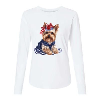 Yorkshire Terrier Dog Cute Yorkshire Terrier Puppy USA Flag Yorkie Womens Cotton Relaxed Long Sleeve T-Shirt