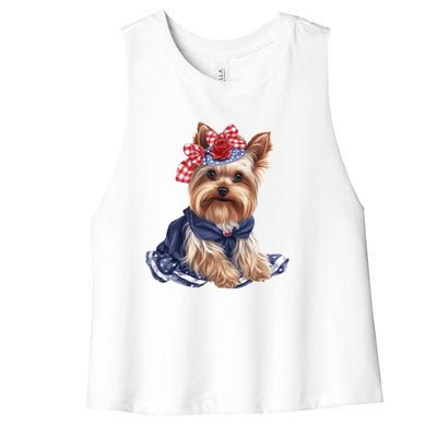 Yorkshire Terrier Dog Cute Yorkshire Terrier Puppy USA Flag Yorkie Women's Racerback Cropped Tank