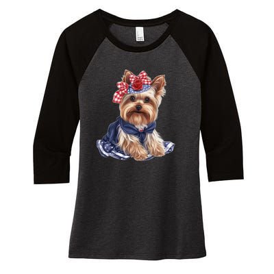 Yorkshire Terrier Dog Cute Yorkshire Terrier Puppy USA Flag Yorkie Women's Tri-Blend 3/4-Sleeve Raglan Shirt