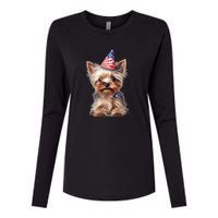 Yorkshire Terrier Dog Cute Yorkshire Terrier Puppy USA Flag Yorkie Womens Cotton Relaxed Long Sleeve T-Shirt