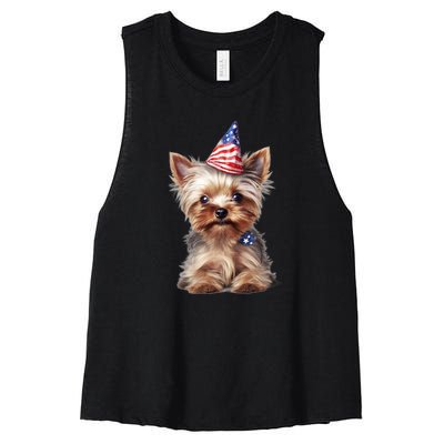 Yorkshire Terrier Dog Cute Yorkshire Terrier Puppy USA Flag Yorkie Women's Racerback Cropped Tank